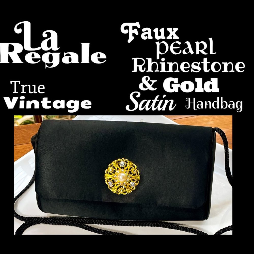 ⭐️HP⭐️VTG▪️LA REGALE▪️Handmade Faux Pearl Rhinestone & Gold Accent Satin Handbag